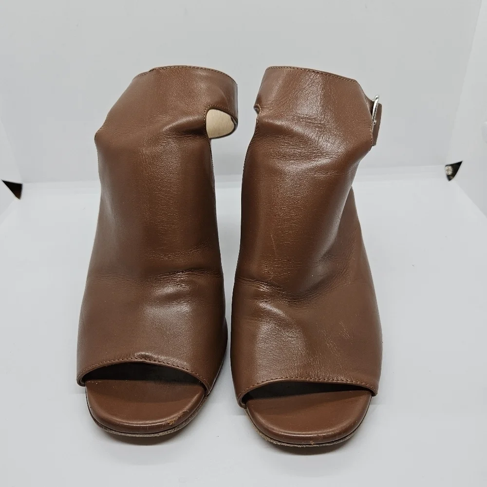 Prada brown leather peeptoe ankle wrap heel booties EU 38